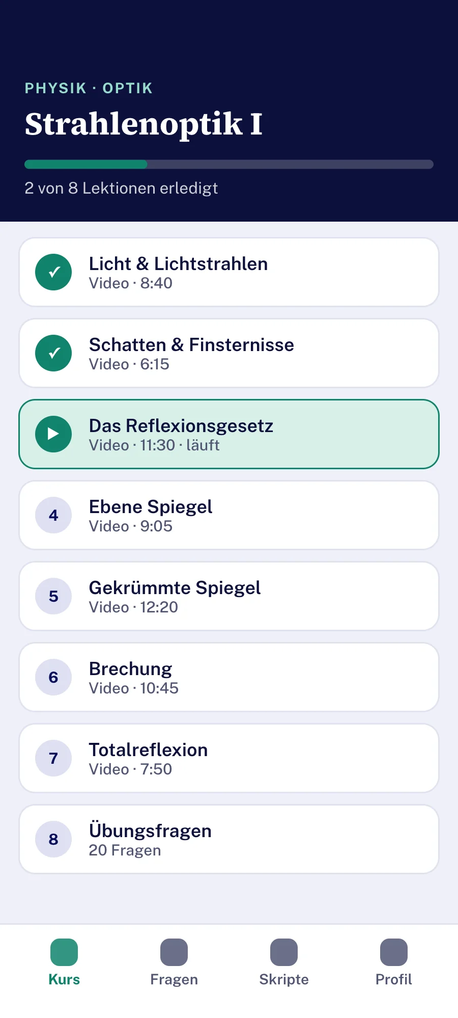 Themenübersicht der Lernplattform auf dem Smartphone